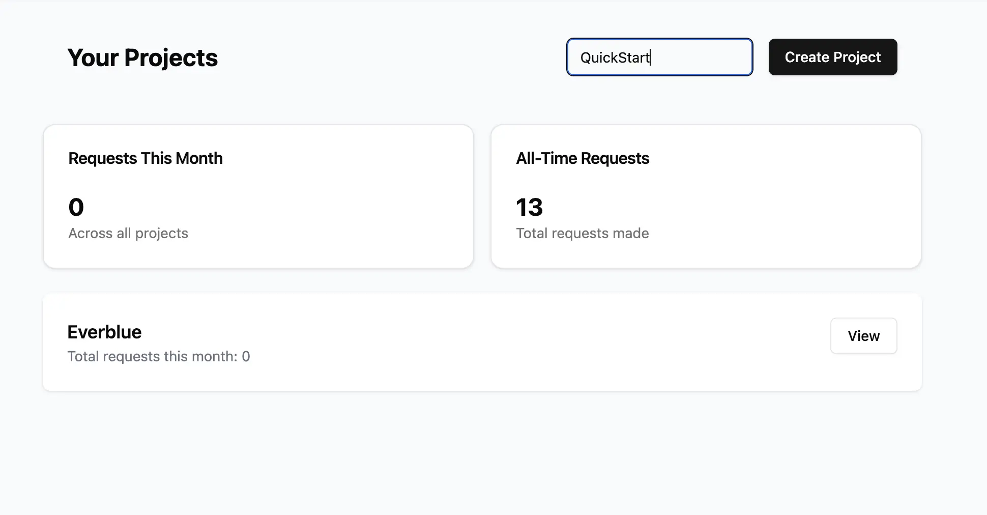 Dashboard with project creation form