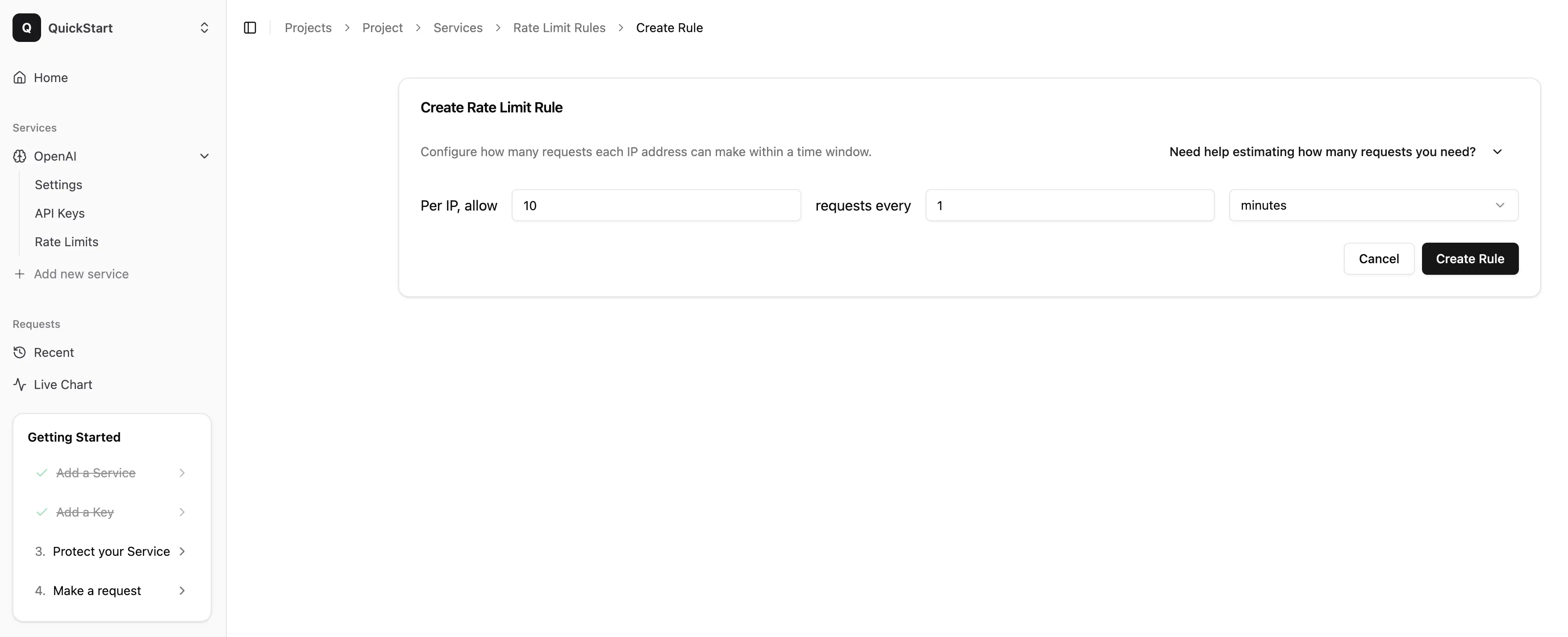 Rate limiting configuration form